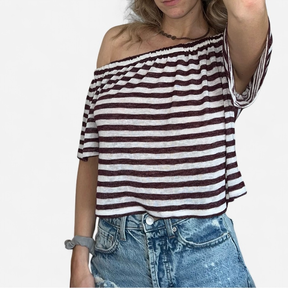 Dark Purple and White Striped Off the Shoulder Crop Top Blouse Size Small